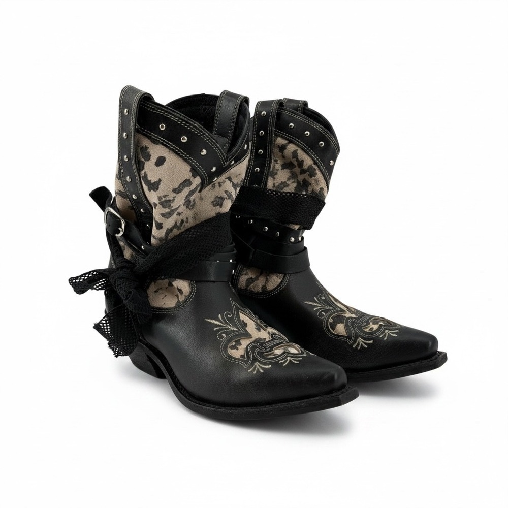 Rockin Country RC5006 Black Leather Studded Bow Western Boots 7.5M Rodeo Cowgirl